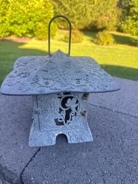 Vintage PartyLite Cast Metal Japanese Pagoda Garden Lantern - Green Verdigris